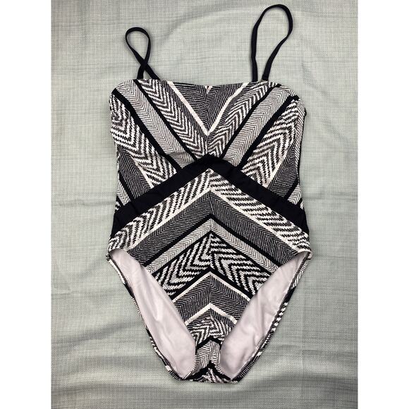 Kenneth Cole New York Womens Black/White Chevron One Piece Swimsuit sz Large L - Picture 1 of 11
